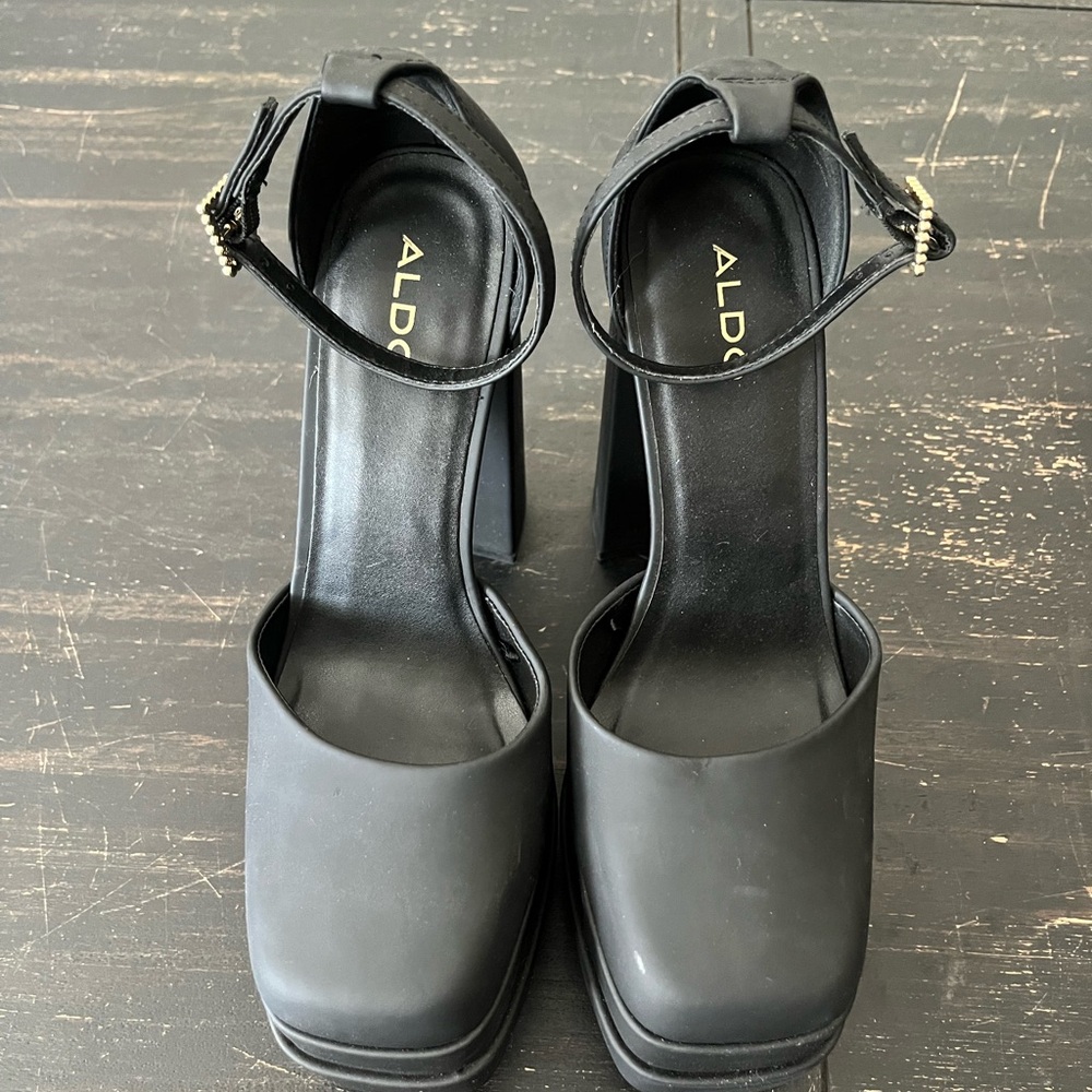 Aldo EVAA Black Matte Platform Block Heel Square Toe Ankle Strap Pumps 7M